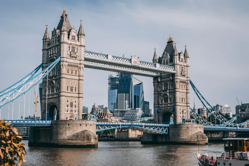 Tower Bridge over the River Thames with the City of London skyline behind