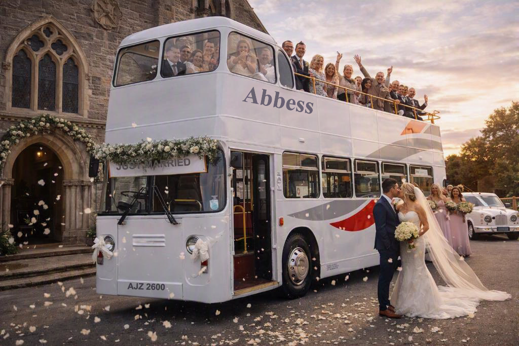 Abbess-liveried white open-top double decker bus with wedding guests waving from the top deck