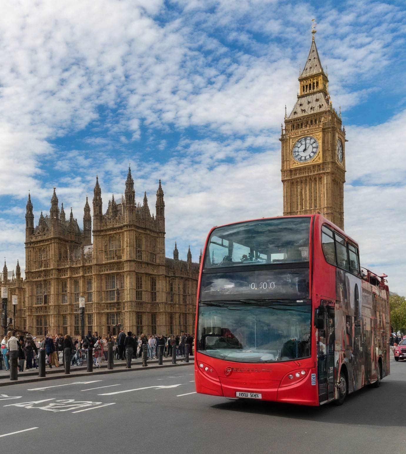 Red open-top double decker bus on the road beside the Houses of Parliament and Big Ben