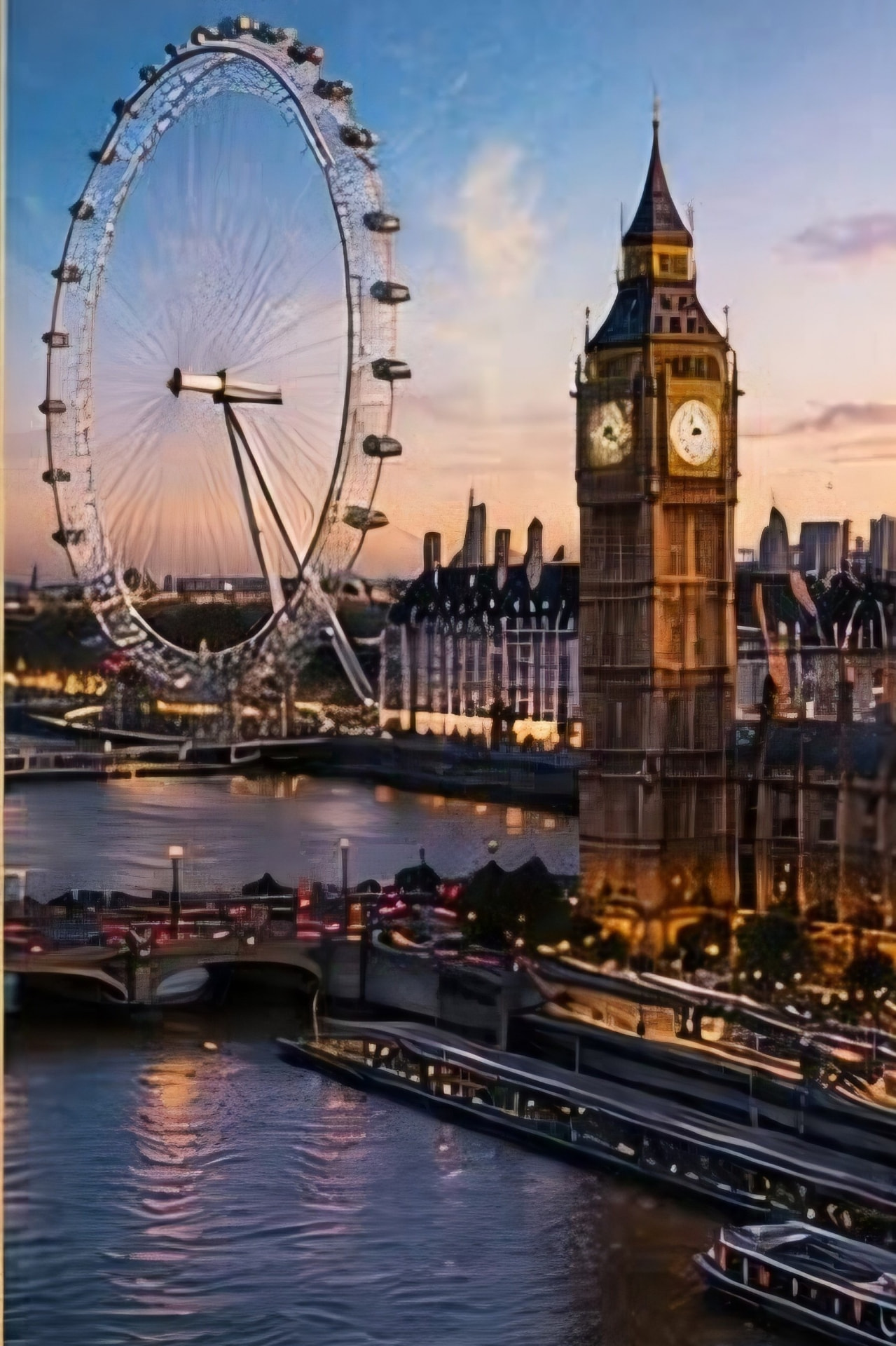 The London Eye and Big Ben beside the River Thames at dusk